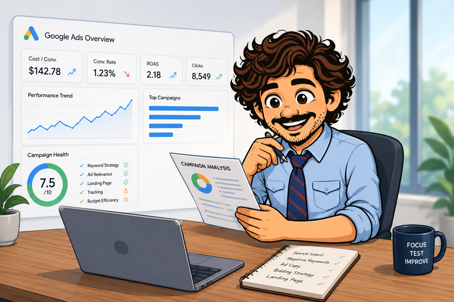 Marketer reviewing a Google Ads campaign performance dashboard