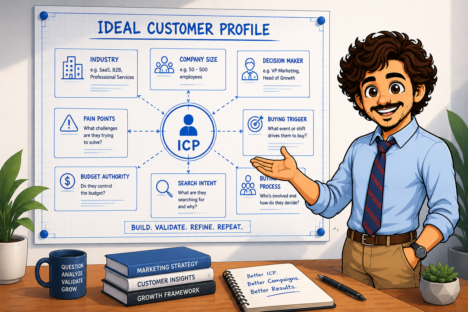 Marketer presenting an Ideal Customer Profile framework on a whiteboard