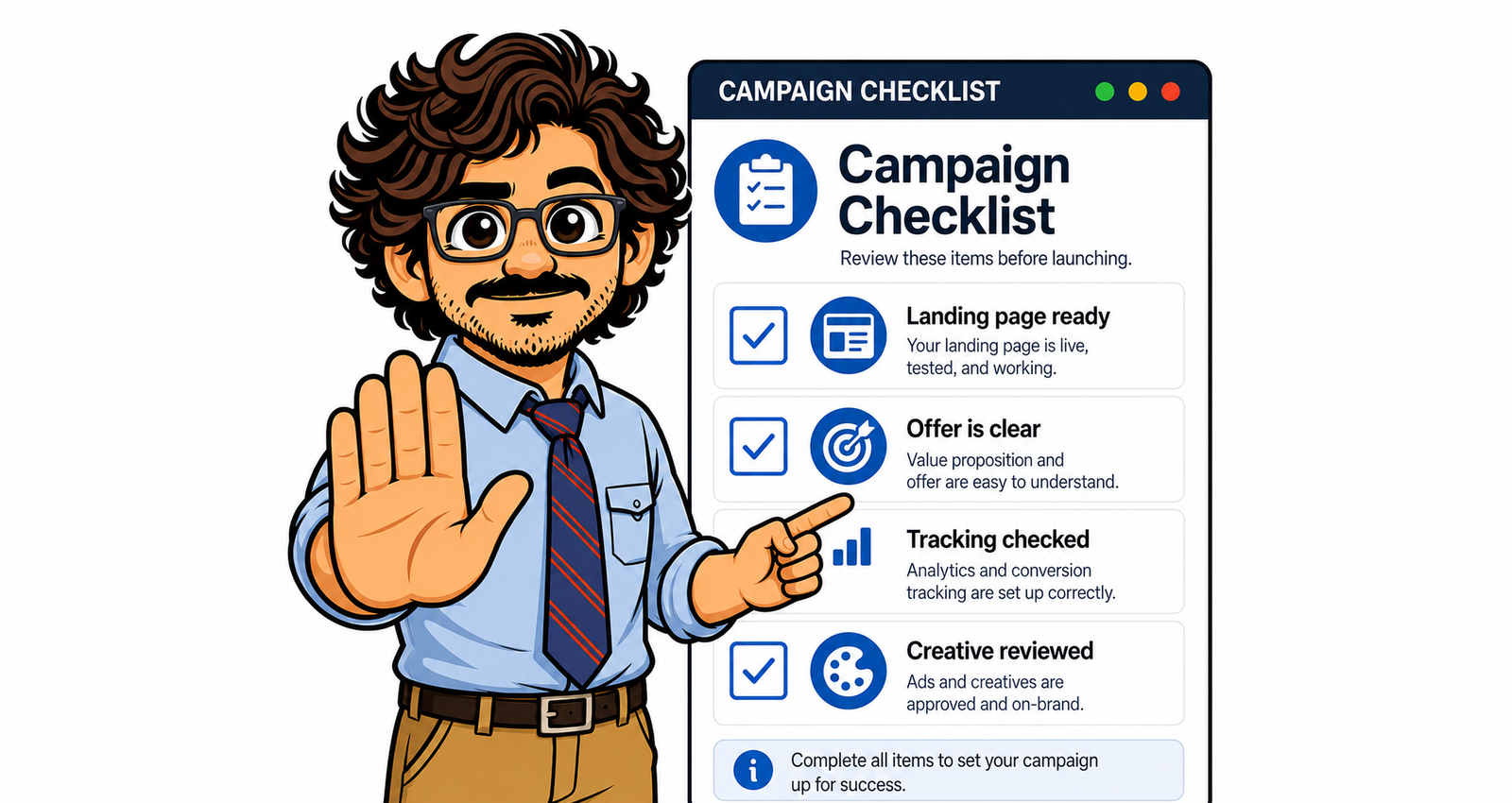Market Ralph holding up a hand beside a campaign checklist covering landing page, offer, tracking and creative