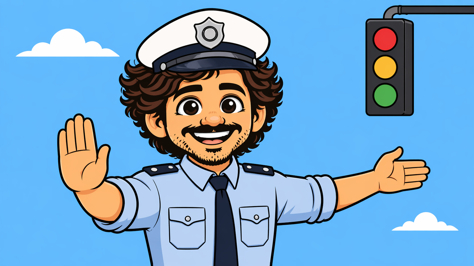 Market Ralph dressed as a traffic officer directing traffic beside a signal, illustrating traffic versus clarity