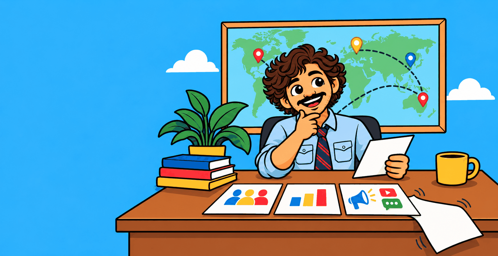 Marketer at a desk reviewing audience and competitor research, with a world map behind him showing connected routes between markets